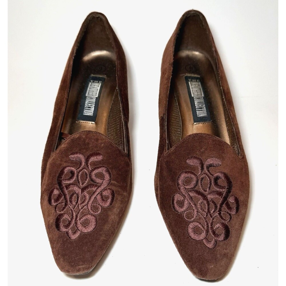 The Leather Collection Brown Suede Embroidered Pointed Toe Loafers Women’s 9